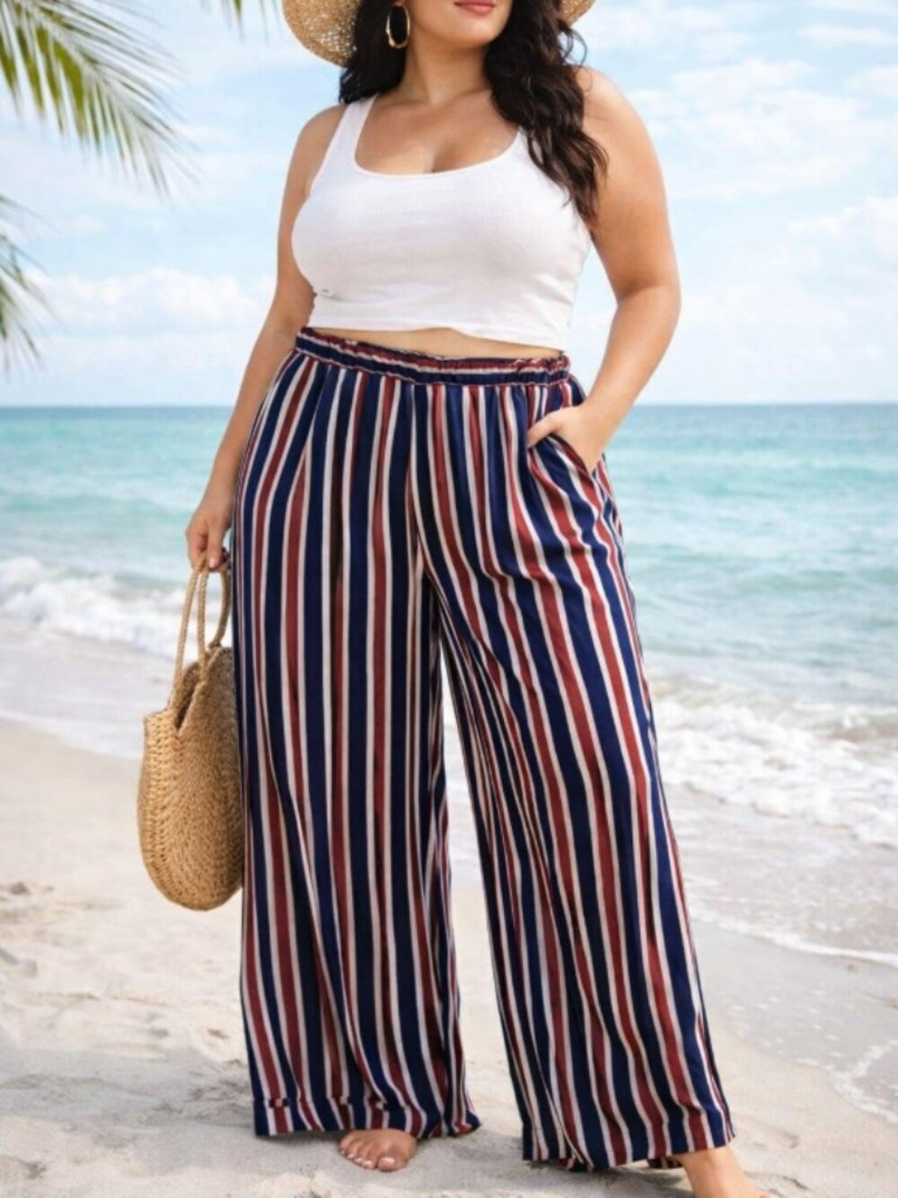 New Look Red Blue Striped Wide Leg Pants Plus 2X Boho Beachwear Comfy Lounge